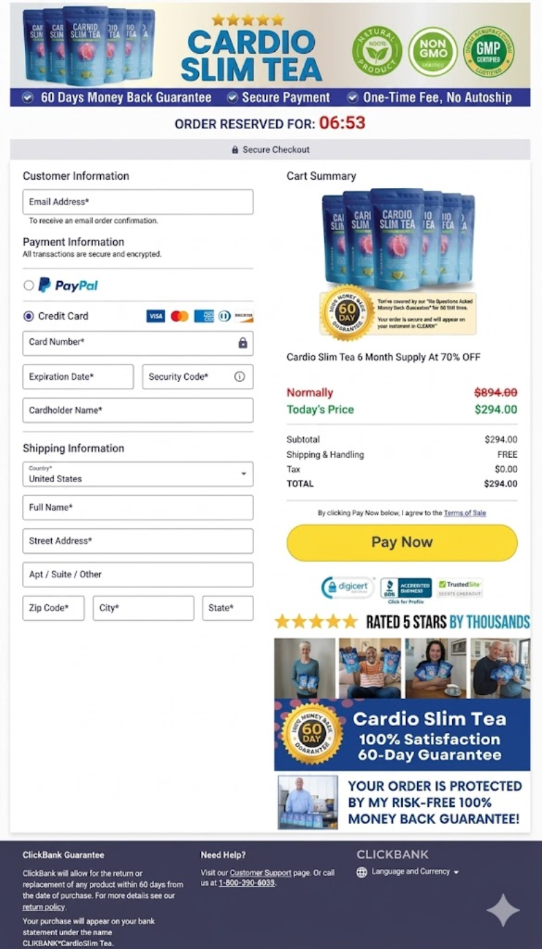 Secure encrypted checkout page with safe online payment processing for Cardio Slim Tea orders